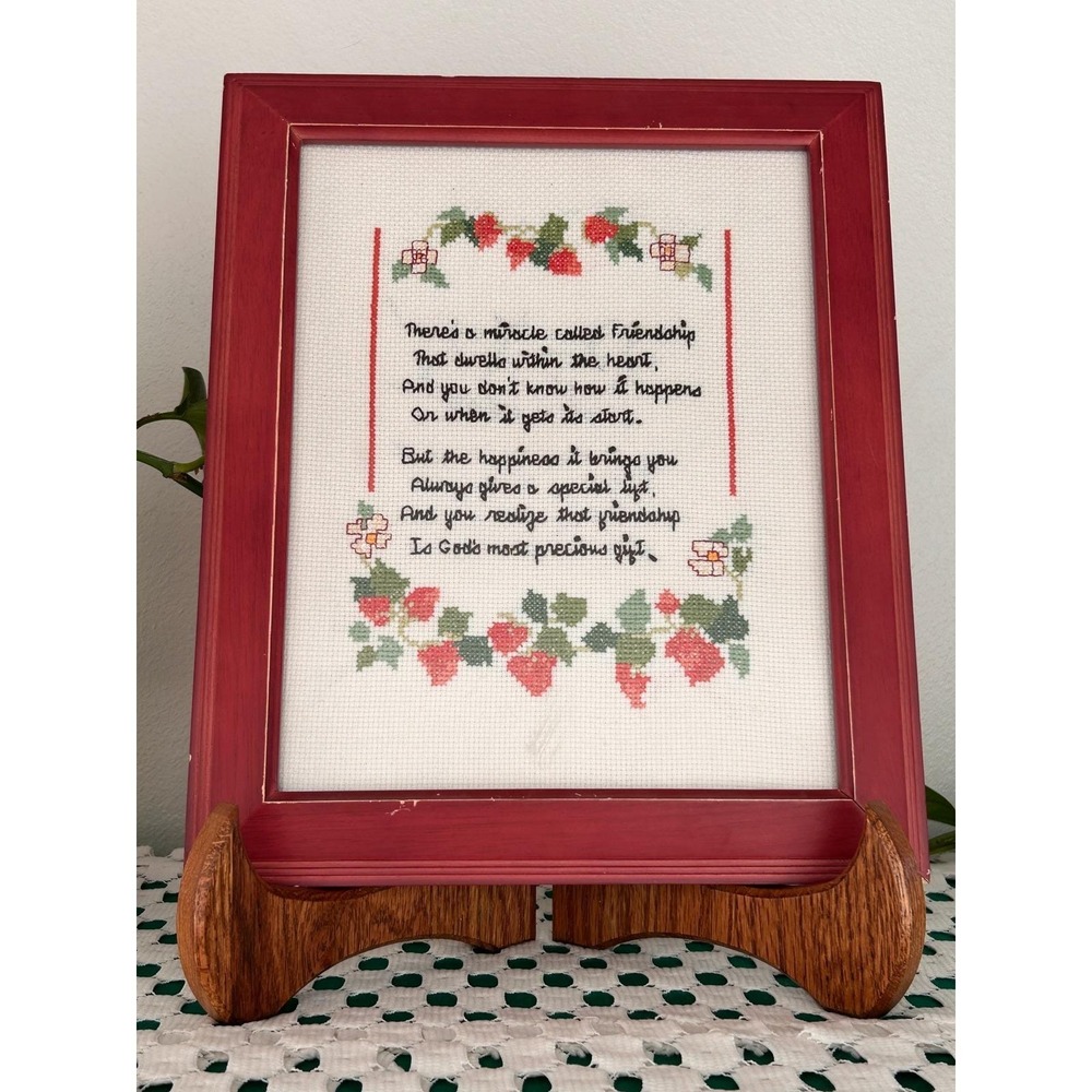 Vintage Friendship Cross Stitch Wall Art Strawberry Vine‎ Needlework Cottagecore